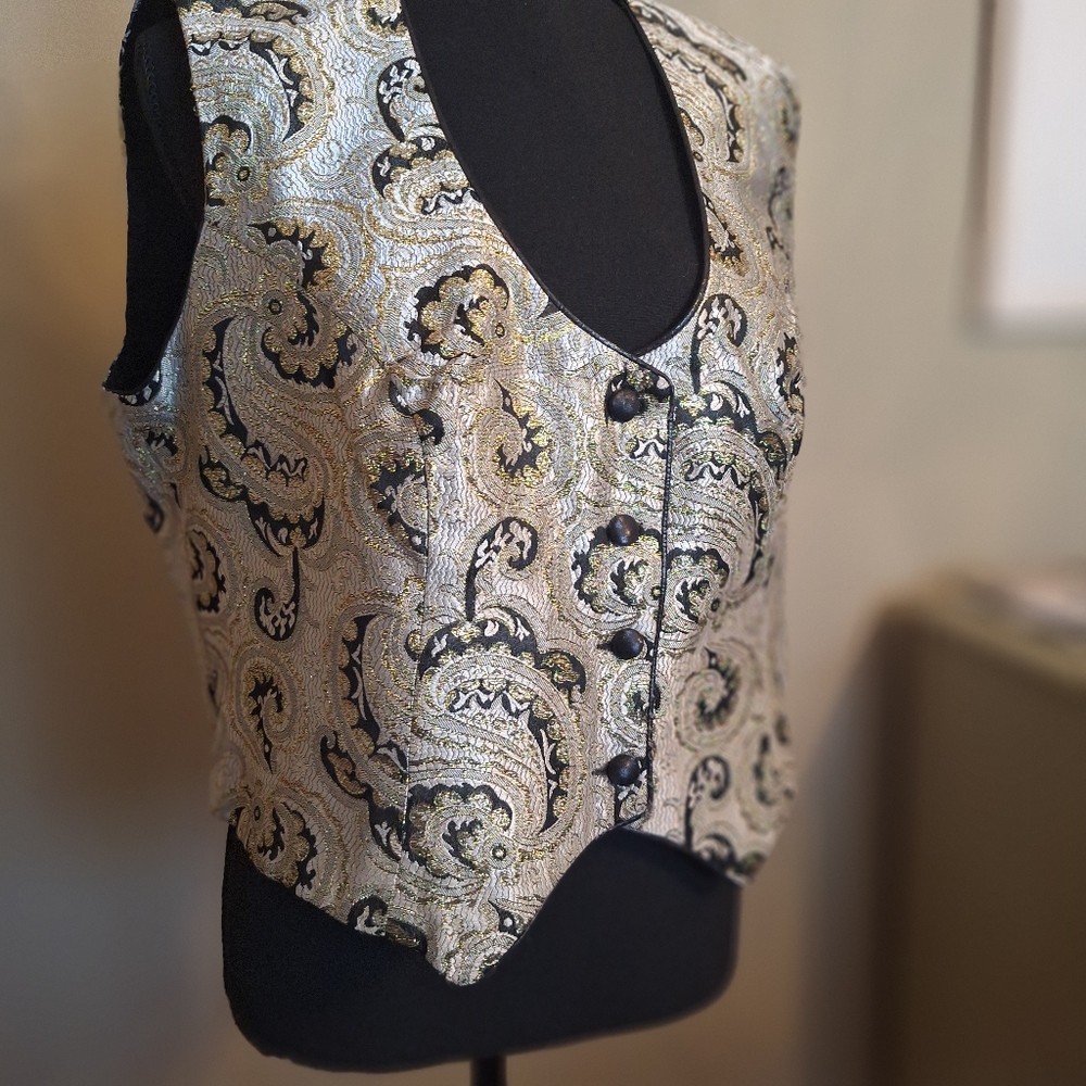 Vintage Black and Gold Metallic Shimmer Sleeveless Buttoned Vest 2X